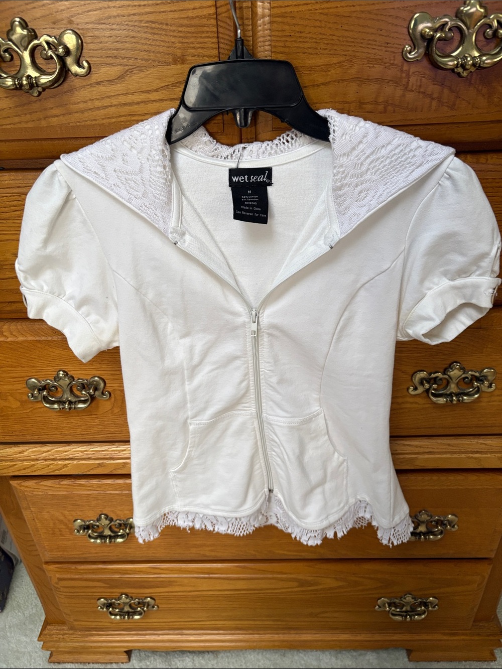 One of a kind! Wet Seal White Short-Sleeve Lace-Trim Lace Zip Hoodie